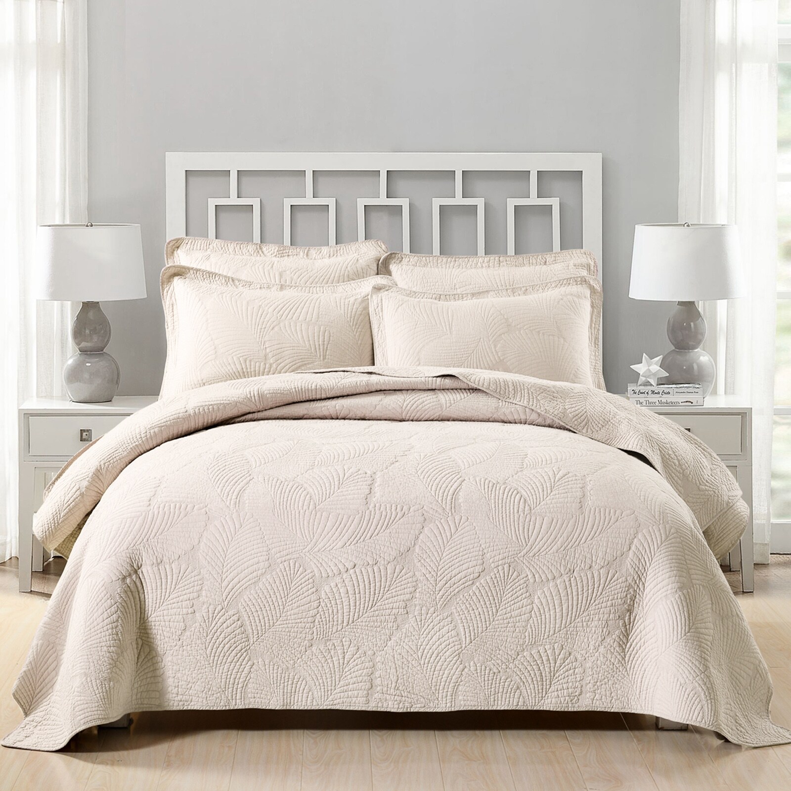 Reversible Grey Faux Silk Quilted Reversible 3 pcs Cal King Queen Coverlet Set 