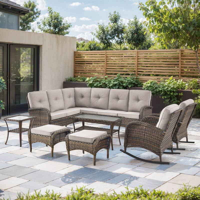 Outdoor Sectional Sofa with Chair Funiture Set - Brwon Wicker Beige Cushion - 8PCS Sectional Sofa w/ Rocker Chair Ottoman