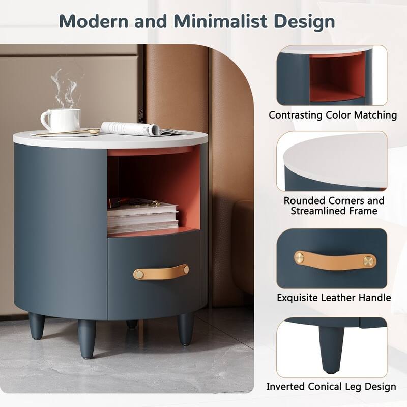 Modern Round Nightstand with Storage Drawer and Open Storage Shelf for Living Room