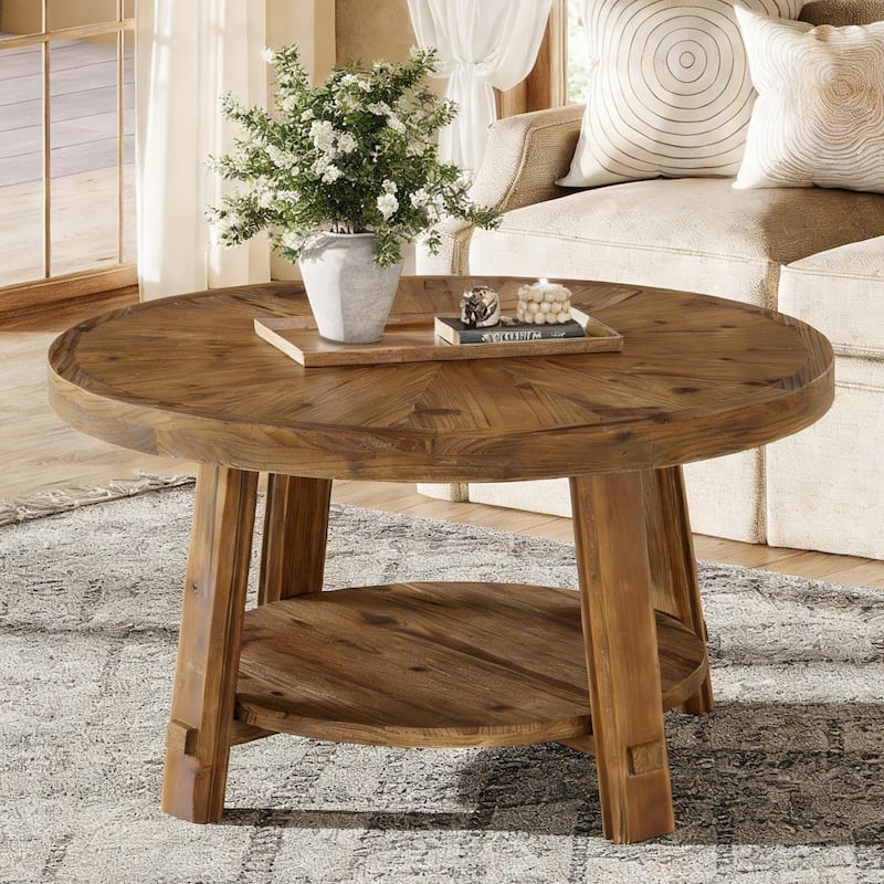31.5" Solid Wood Coffee Table with 2-Tier Storage