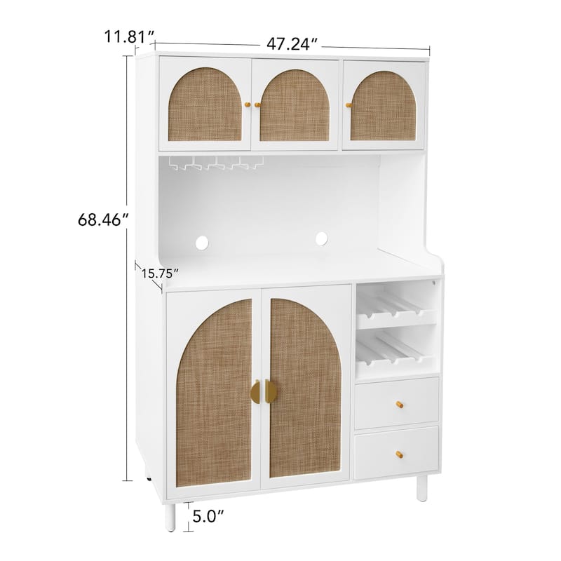Roomfitters Accent Storage Cabinet with Rattan Doors, Buffet Sideboard with Wine Rack and Drawers, White