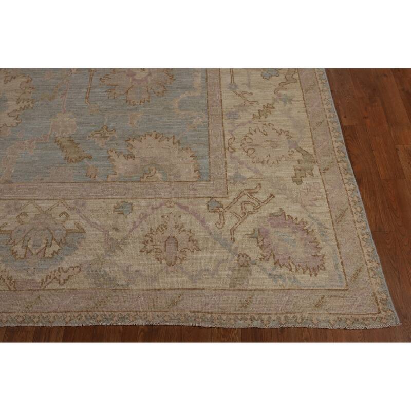 Floral Blue Oushak Turkish Area Rug Hand-Knotted Wool Carpet - 9'0"x 12'1"