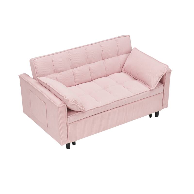 Corduroy Pull Out Loveseat Sofa Convertible Sleeper Love Seat Bed Adjustable Backrest Tufted Couch w2 Pillo & Pockets