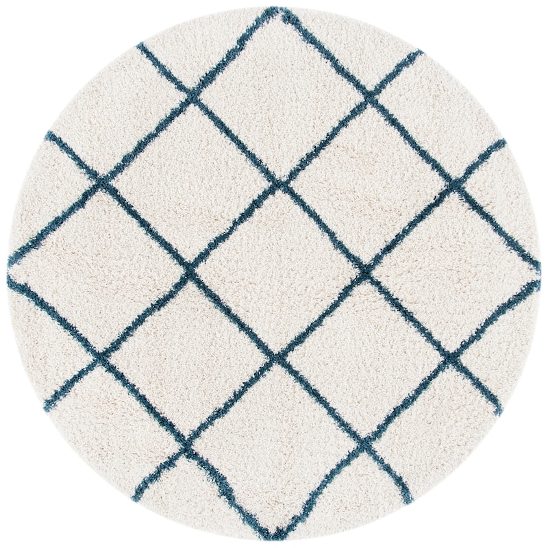 SAFAVIEH Hudson Shag Estella Diamond Trellis 2-inch Thick Rug - 5' x 5' Round - Ivory/Slate Blue