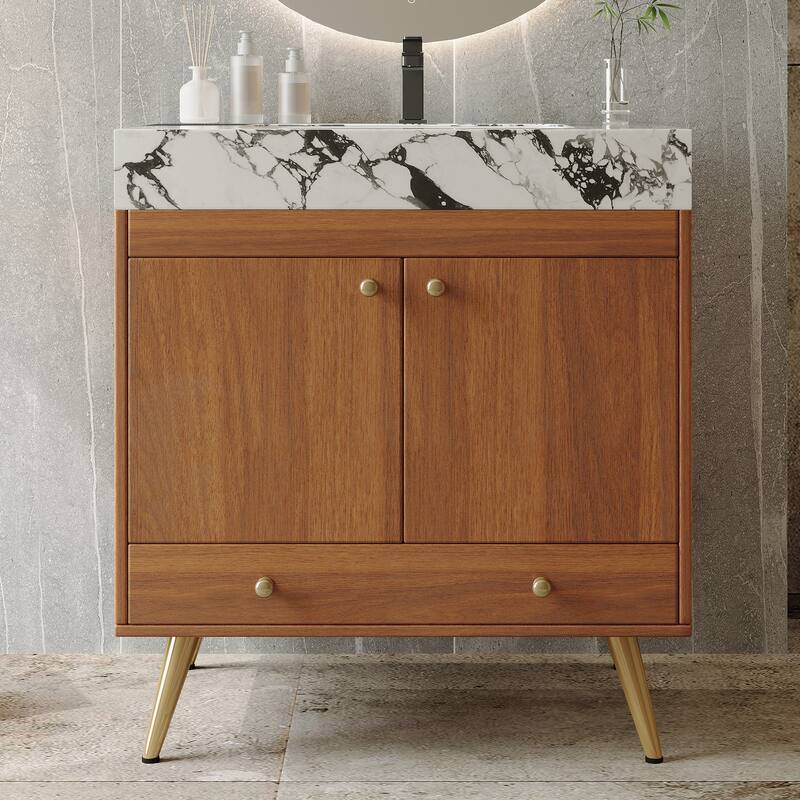 Mid-Century 30" Freestanding Bathroom Vanity with Faux Marble Top, Ceramic Sink & Gold Legs Cabinet