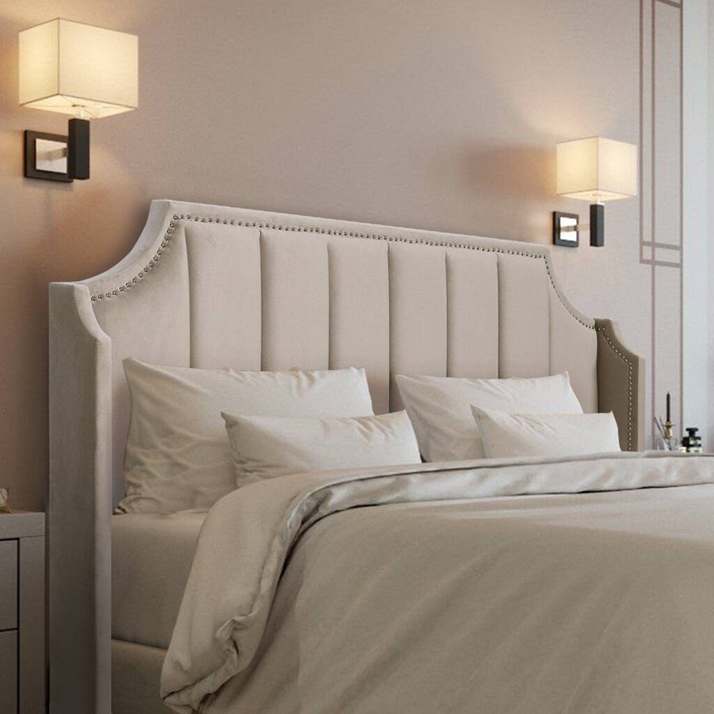 Velvet Upholstered Headboard w/ Wingback and Nailhead Trim