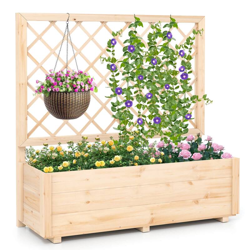 1 PCS/2 PCS Wood Elevated Planter Box Raised Garden Bed w/ Trellis - 1 pcs