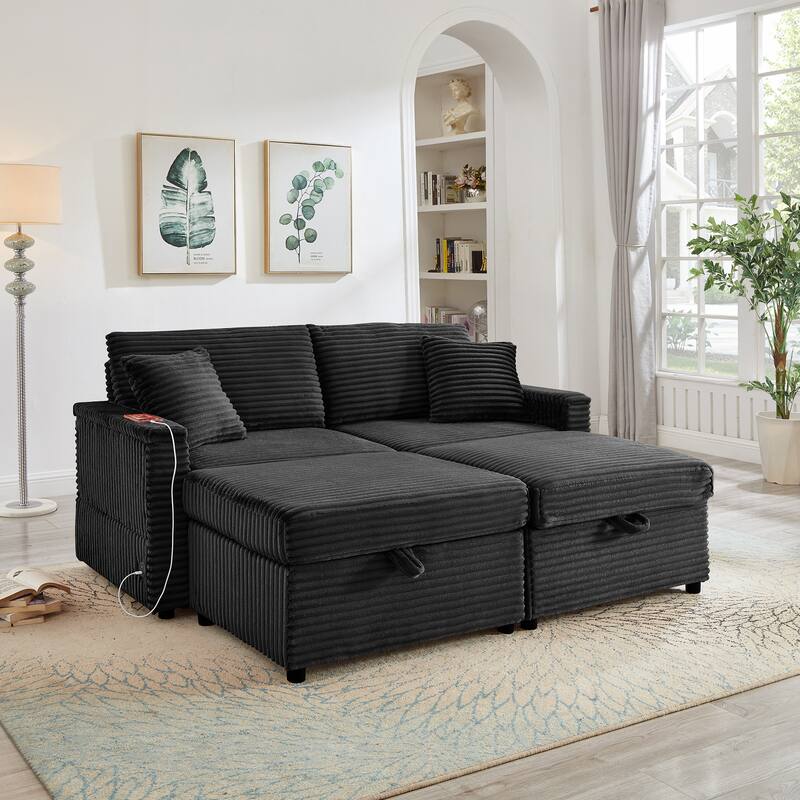 Modular Chaise Sleeper Sofa Bed, Corduroy Loveseat Couch & Storage Ottomans Set with Folding Table Boards and USB Ports