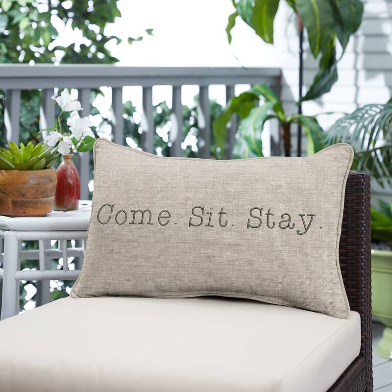 Sunbrella Canvas Embroidered "Come. Sit. Stay." Indoor/Outdoor 13x20 Corded Lumbar Pillow (Single) - 20 x 13 x 6 in - Tan
