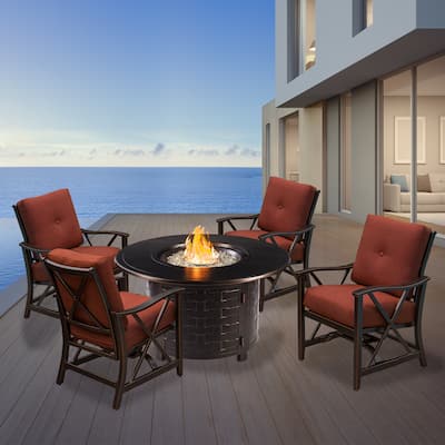 Aluminum 44-in Round Antique Copper Fire Table Set with Four Deep Seating Rocking Chairs with Accessories