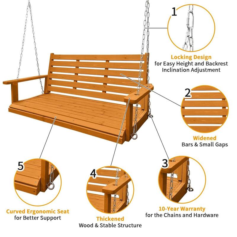 Wooden Porch Swing with Hanging Chains and 7mm Springs Heavy Duty 800 LBS for Outdoor Patio Garden Yard