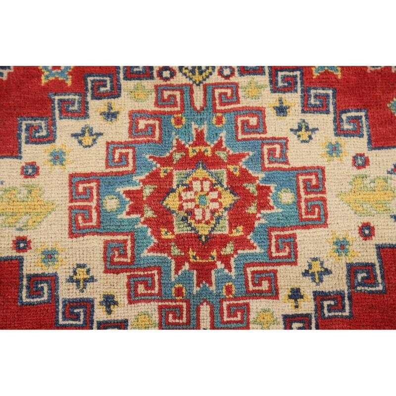 Geometric Red Kazak Area Rug Hand-Knotted Traditional Wool Carpet - 4'11" x 7'1"