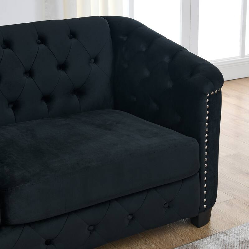 Black 77" Modern Velvet 3-Seater Sofa with Tufted Backrest, Nailhead Trim, and 2 Cushions