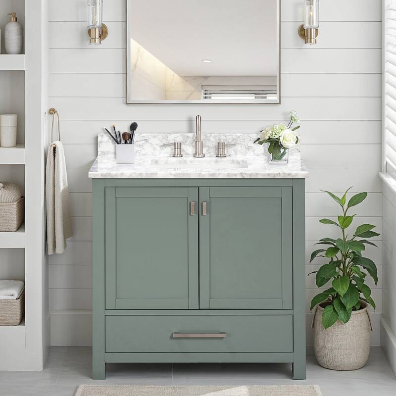 Avanity Modero 36 in. Single Sink Bathroom Vanity with Carrara Marble Top - 37"W x 22"D x 35"H - Smoke Green