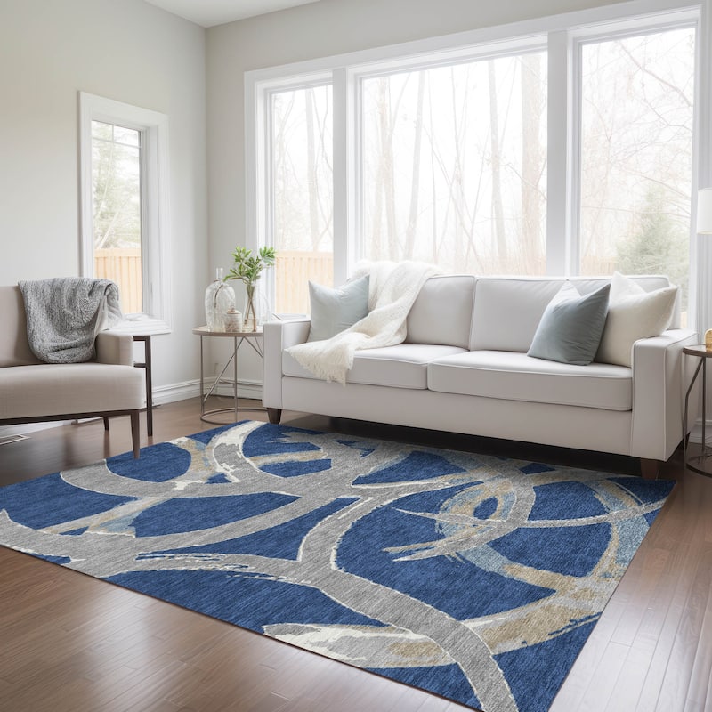 Machine Washable Indoor/ Outdoor Abstract Contemporary Chantille Rug