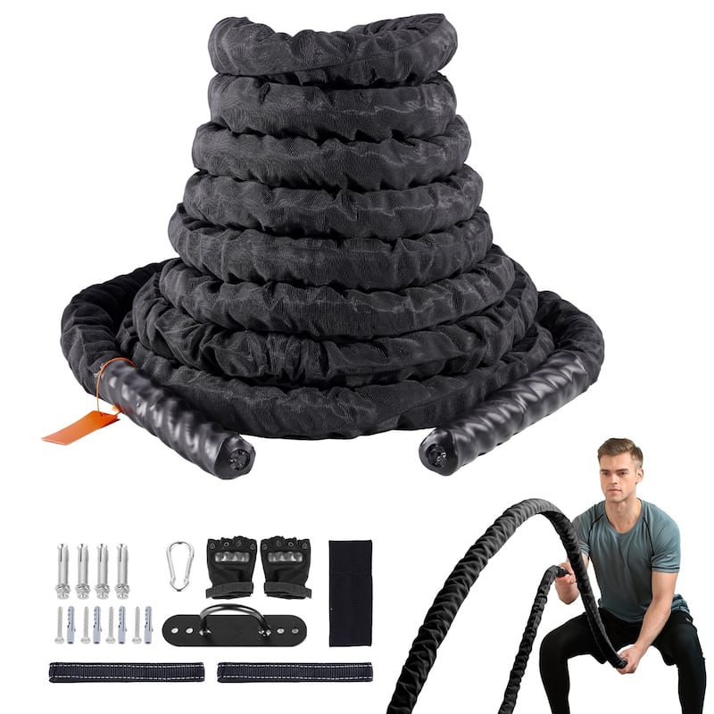 Battle Rope, 1.5 Inch Diameter Polyester Exercise Rope, Battle Exercise Equipment, Heavy Weighted Rope for Home Gym - Black - 30Ft