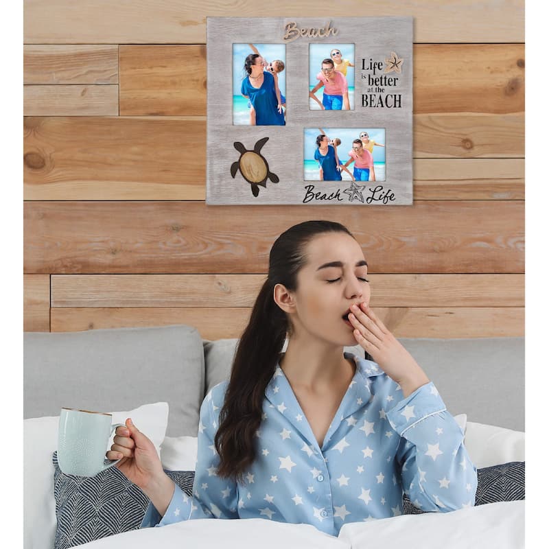 CoTa Global White Distressed Wood Coastal Sea Turtle Multi Photo Frame - 14 inches