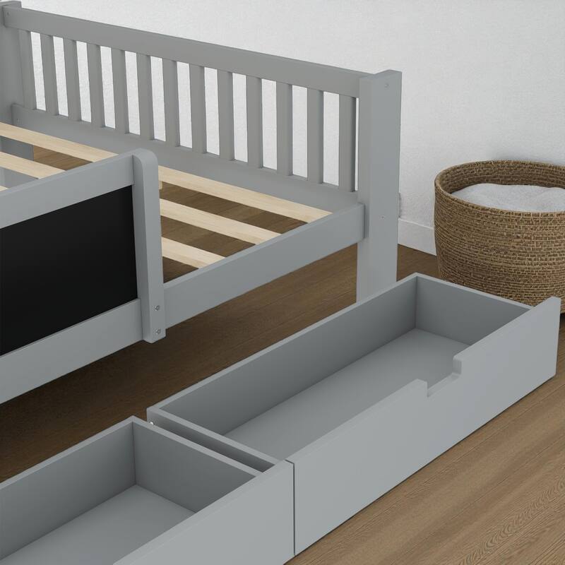 Twin/Full Solid Wood Platform Bed with Chalkboard Headboard, Storage Drawers and Shelves, Space-Saving Kids Bed