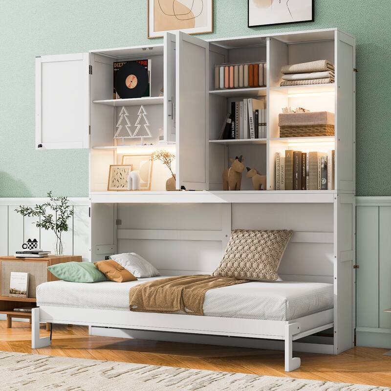 Roomfitters Twin Wall Murphy Bed with Top Cabinet Shelves Space Saving Design MDF