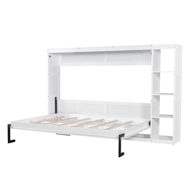 Full Size Murphy Bed with Bookshelf, Foldable Bed Frame with Storage Shelves, Wooden Cabinet Bed with Handle