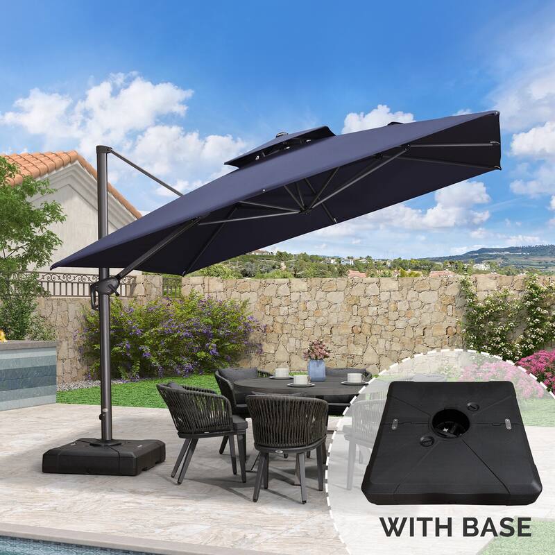 PURPLE LEAF 11ft Square Cantilever Umbrellas with Tilt-and-Crank with Base - Navy Blue