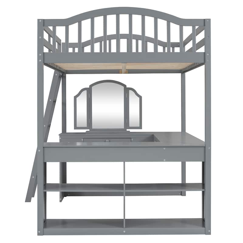 Full Wooden Loft Bed with U-Shaped Desk,Storage Compartments and Tri-Fold Mirror