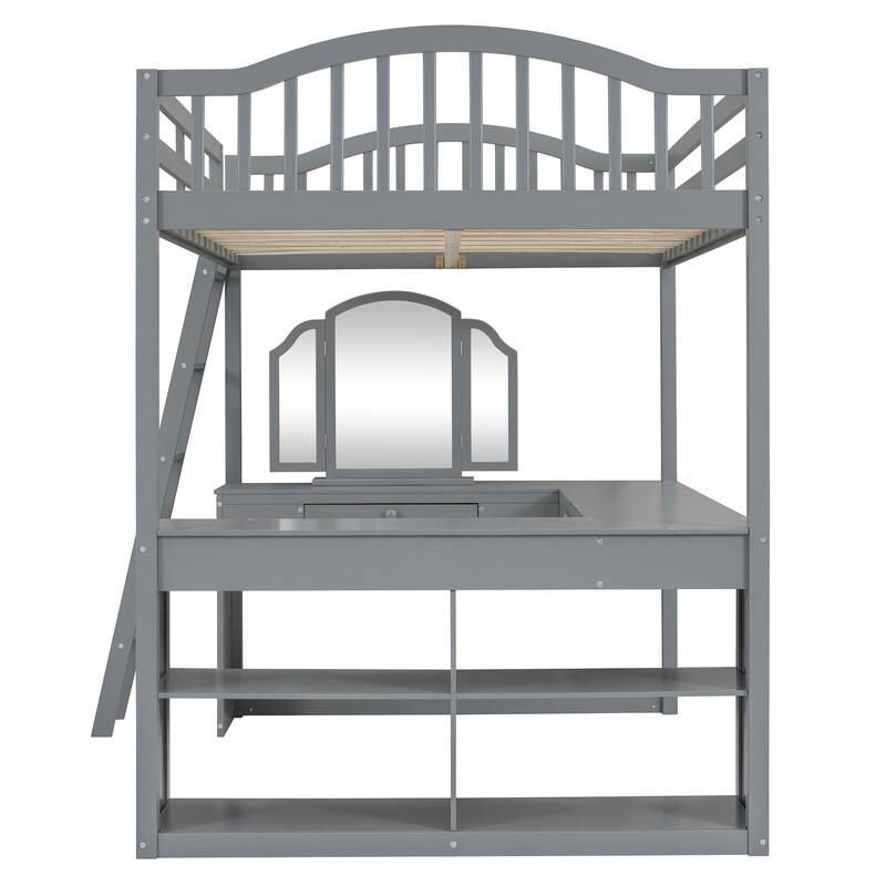 Full Wooden Loft Bed with U-shaped Desk,Storage Compartments and Tri-fold Mirror