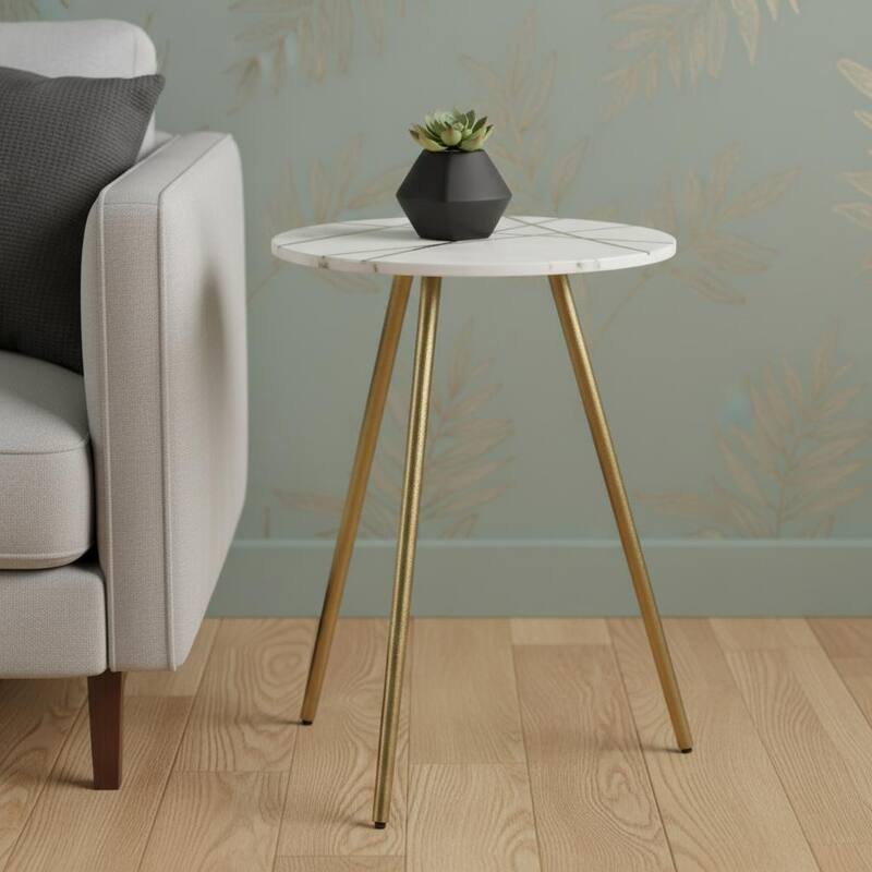 HomeRoots 18" White and Gold Stone and Metal Tray Table - 18.00 in. x 23.00 in. x 18.00 in. - White - Slate