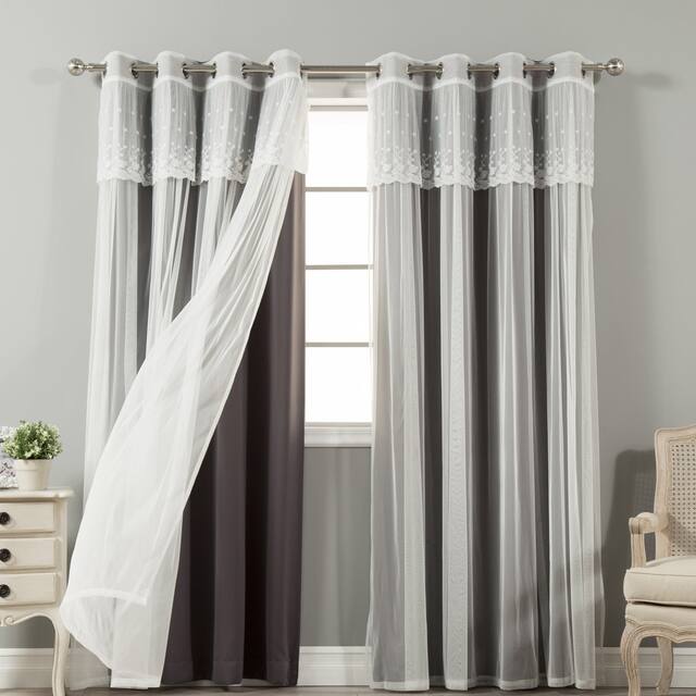 Aurora Home Attached Valance Sheer and Blackout 4-piece Panel Pair - 52"W x 84"L - Dark Grey