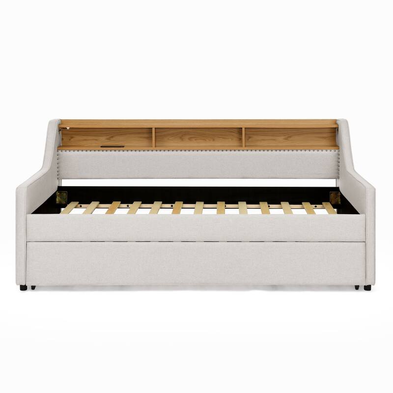 Wooden with LED Lights with Trundle Upholstered Sofa Bed