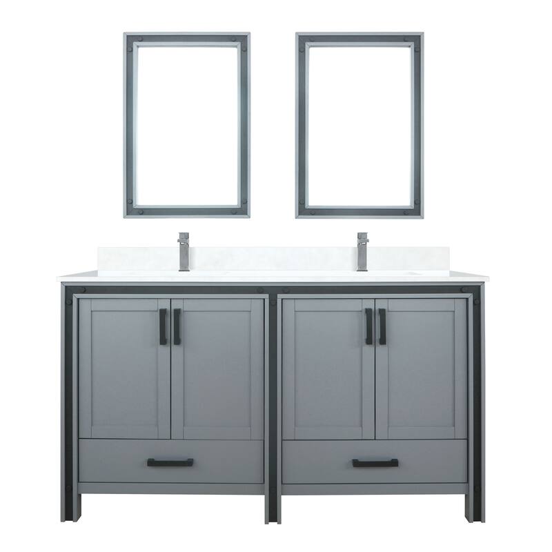 Ziva Bath Vanity, White Quartz Top, Faucet Set and Mirrors - Dark Grey - 60 Inch