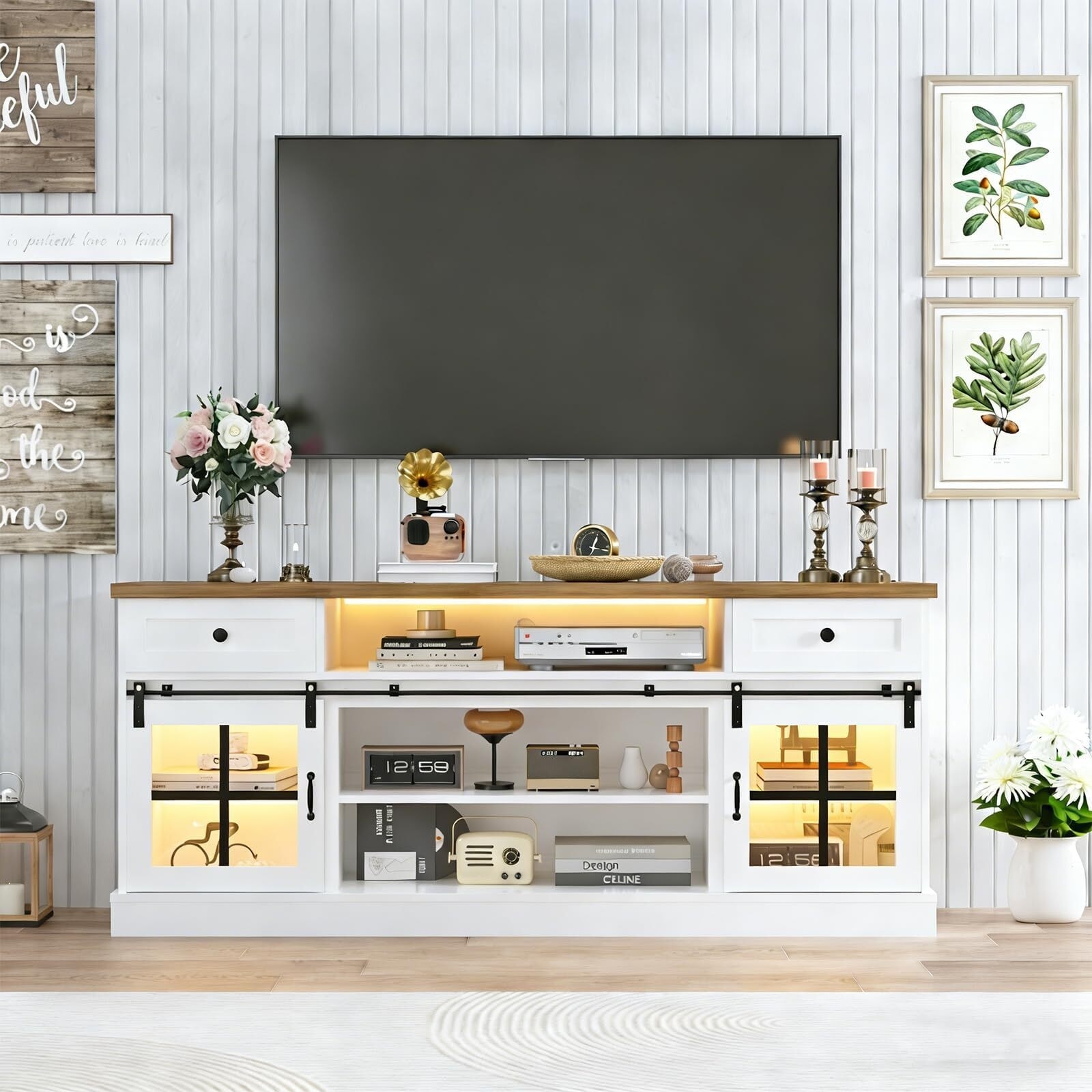 Farmhouse TV Stand for 80" TVs, Media Console Table with 2 Drawers, Power Outlets, Led Light, Barn Doors, Entertainment Center