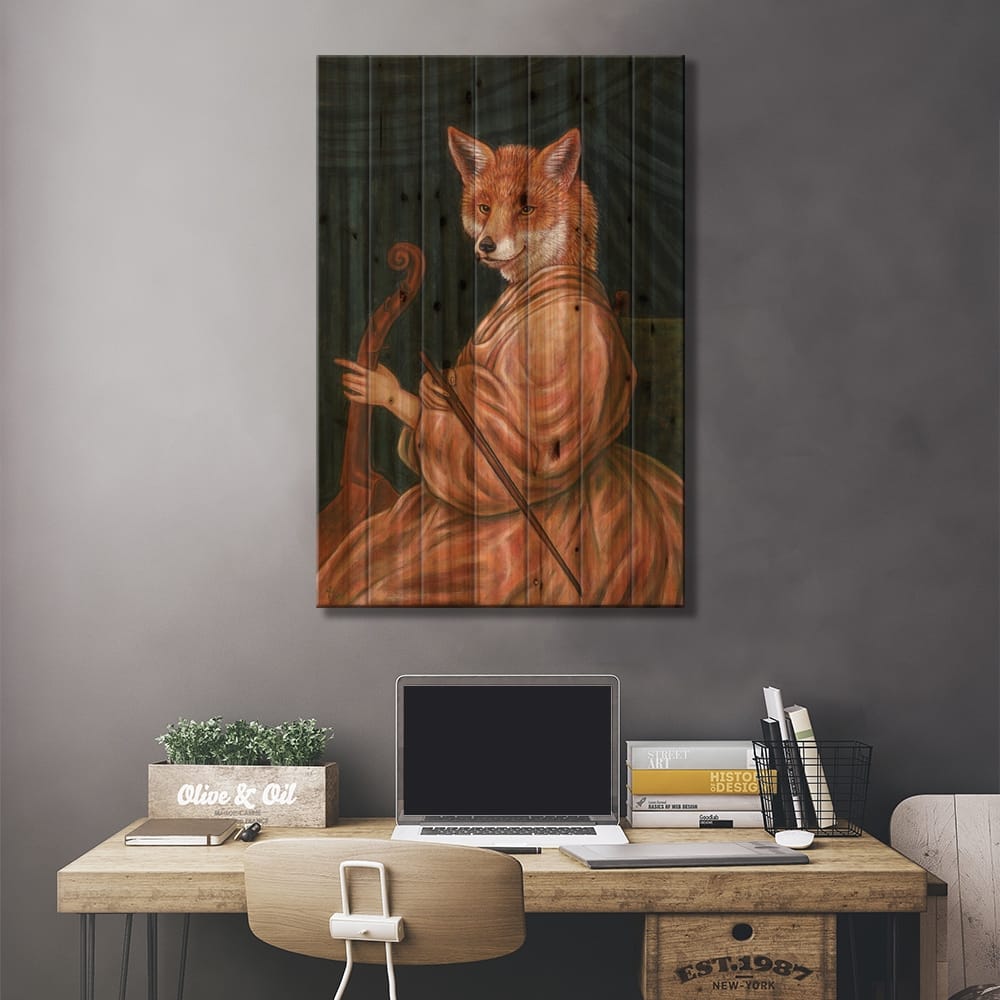 Fox With Cello Print On Wood by Holly Wood - Multi-Color - Bed Bath ...