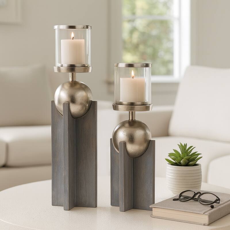 Candle Holders Set of 2 - Gray Wood Metal Sphere, 15/19" - 19.0"
