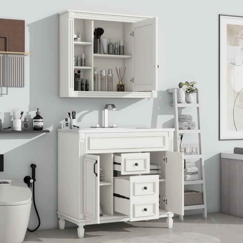36'' Bathroom Vanity Combo Set with Mirror Cabinet, Modern Bathroom Storage Cabinet with 2 Soft Closing Doors and 2 Drawers