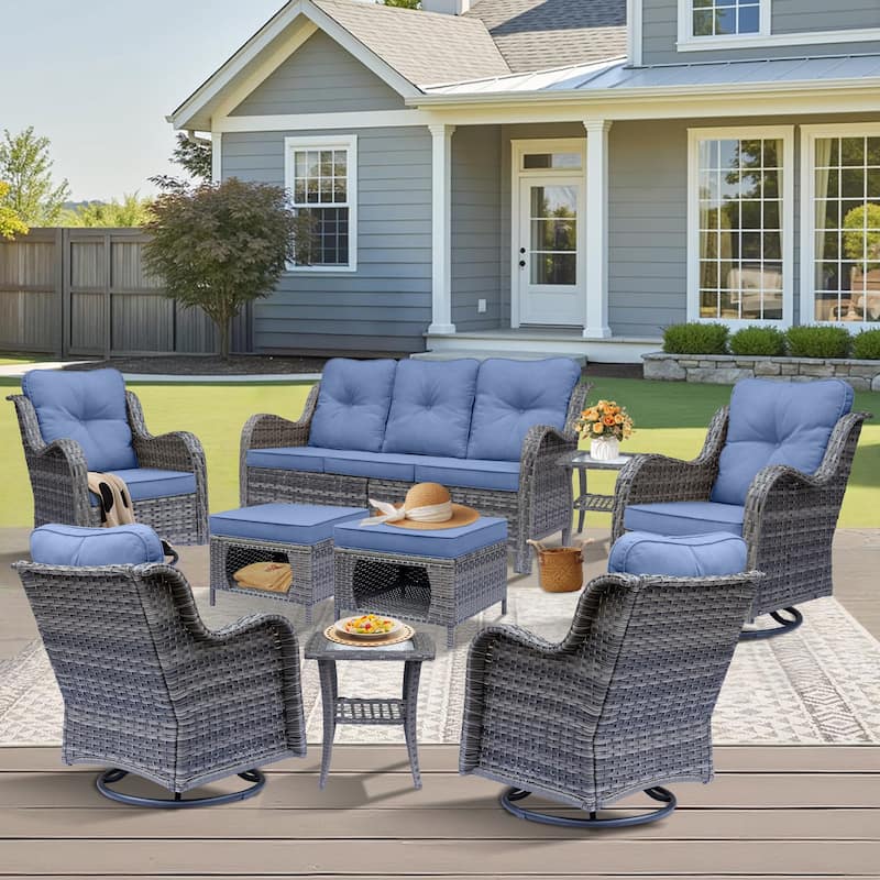 Gray Rattan Outdoor Patio Conversation Sets with Swivel Rocker Chairs - 9 Piece - Denim Blue - 9 Piece