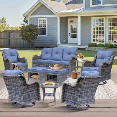Gray Rattan Outdoor Patio Conversation Sets with Swivel Rocker Chairs - 9 Piece