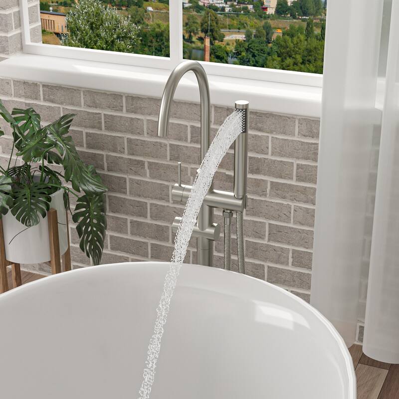 Freestanding Bathtub Faucet Floor Mount Tub Filler Matte Black, Swivel Gooseneck Spout with Cylinder Handheld