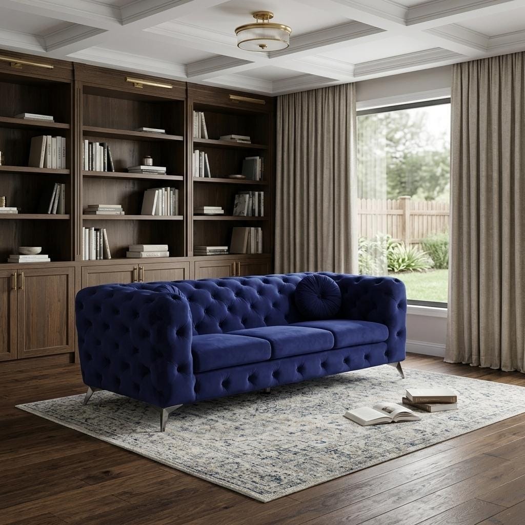 HomeRoots 90" Blue Velvet Chesterfield Sofa With Silver Legs