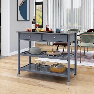 Clihome Rolling Kitchen Cart with Stainless Steel Top Storage Cabinet