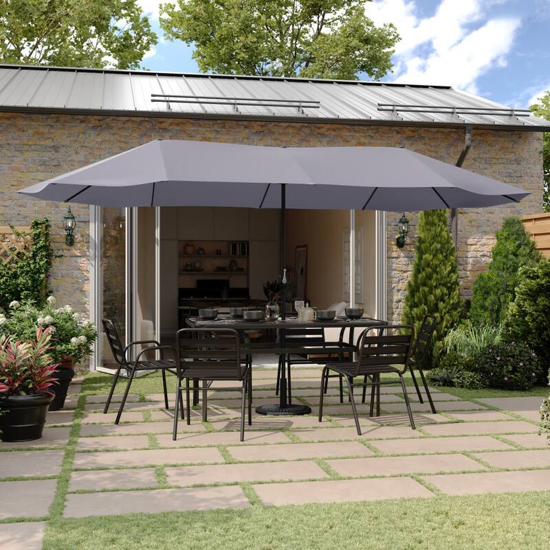 Commercial 15 FT Triple Head Patio Umbrella with Crank and Easy Lift Function - Grey