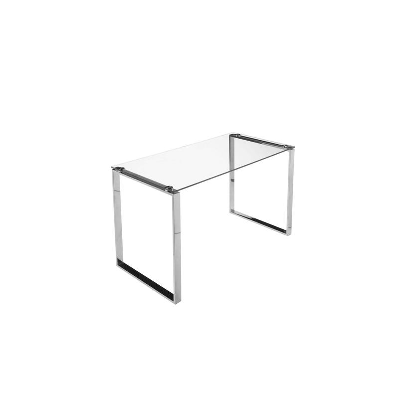 Elen 47 Inch Desk, Rectangular Tempered Glass Top, High Polished Steel