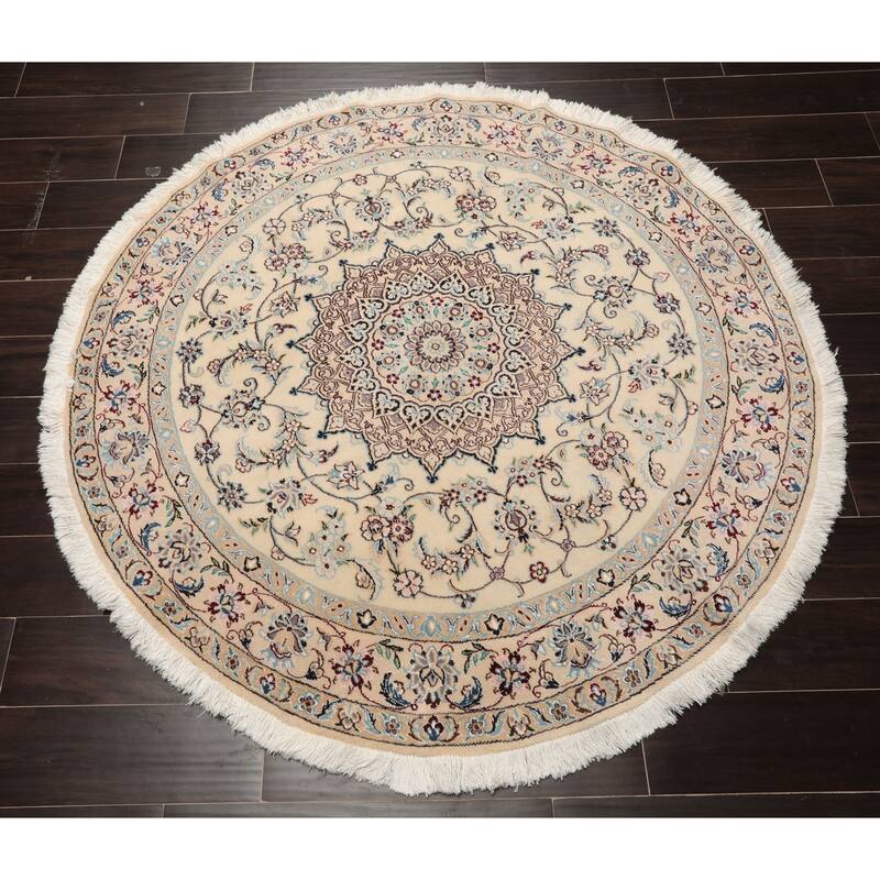 5x5 Round Hand Knotted 250 KPSI Wool Ivory Nain Traditional Rug - 5' x 5' -Round
