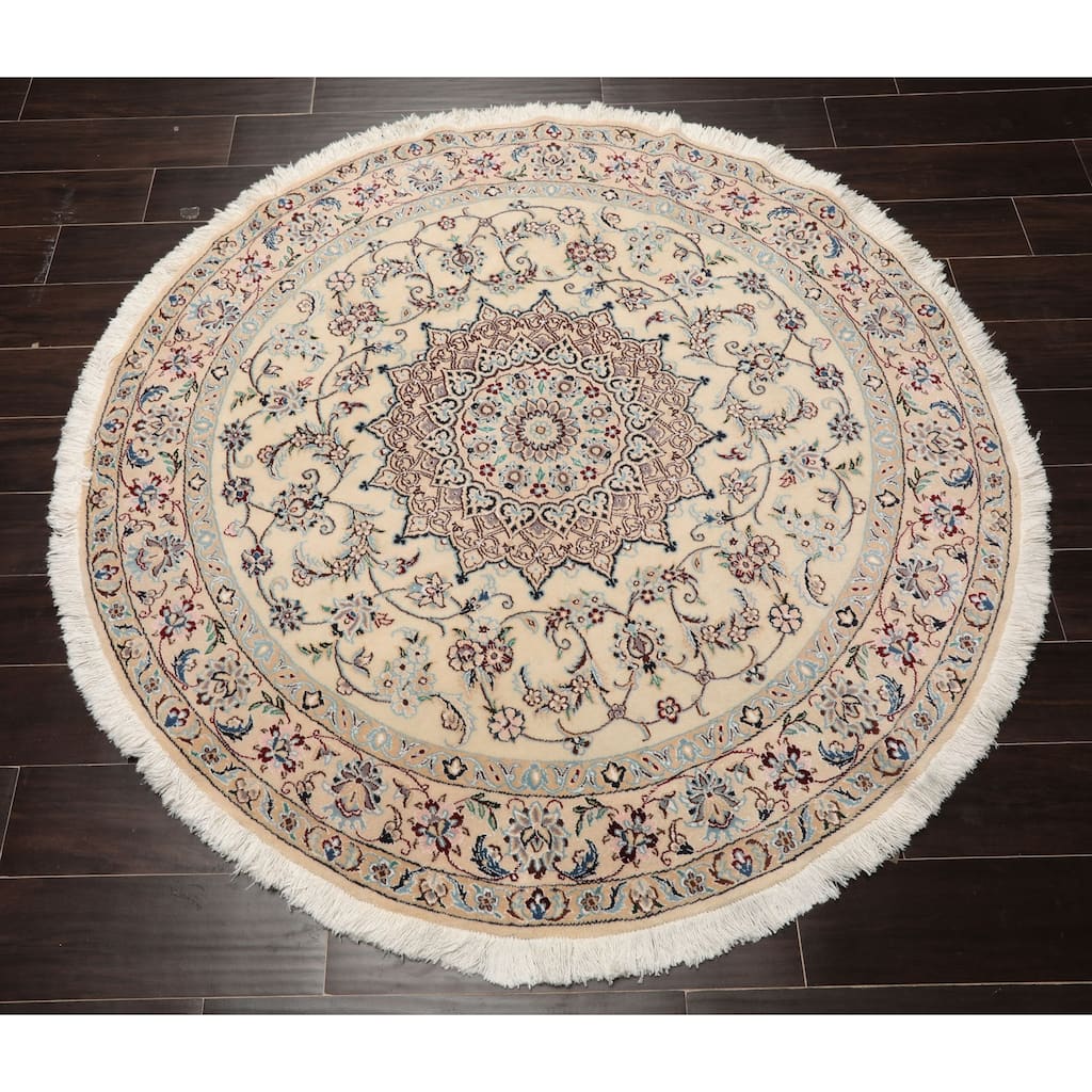 5x5 Round Hand Knotted Wool Ivory Nain Round Traditional 250 KPSI Rug - 5' x 5' -Round