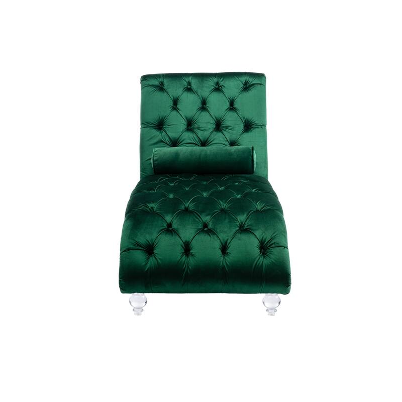 Button-Tufted Upholstered Velvet Recliner Chaise with Pillow and Acrylic Feet