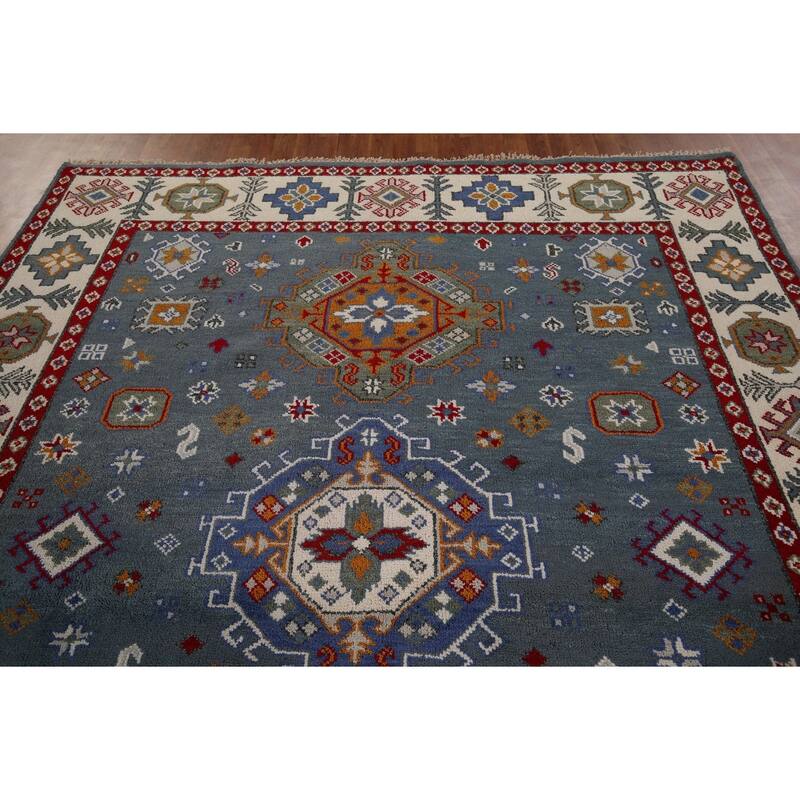 Geometric Blue Kazak Oriental Area Rug Hand-Knotted Wool Carpet - 7'11" x 9'9"