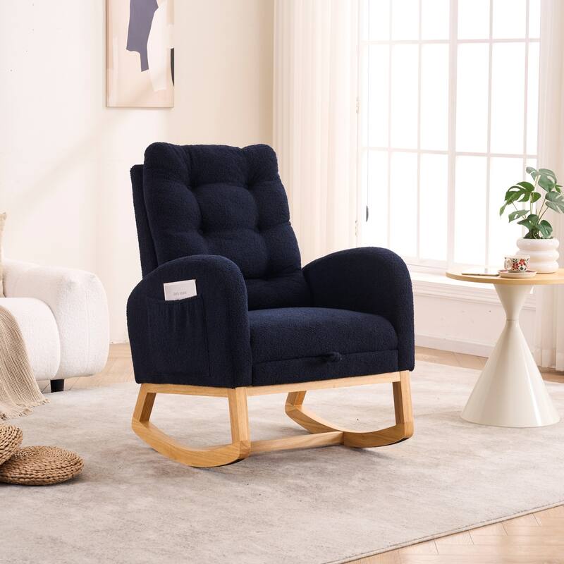 Accent Rocking Chair with Footrest & Storage Pocket, High-Back Rocker, Rubber Wood Lounge Chair - Blue
