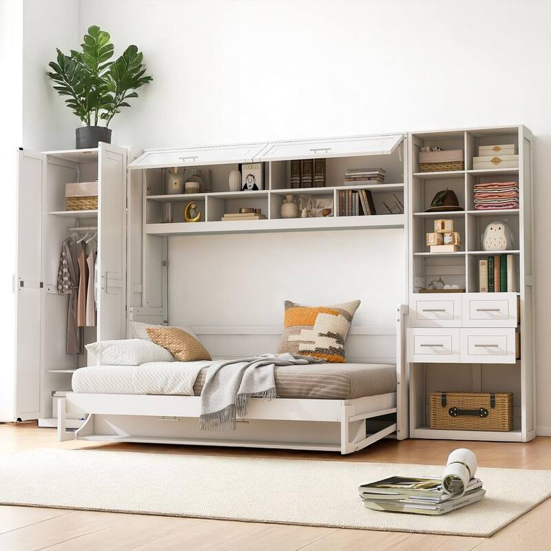 Full Size Murphy Wall Bed with Closet, Drawers & Shelves, Foldable Cabinet Storage, White - White - Full