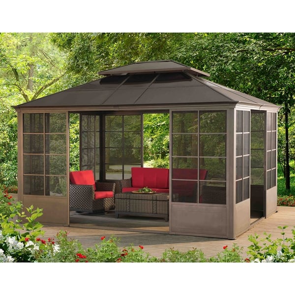 Shop Sunjoy 12 Ft X 14 Ft Brown Steel Screenhouse Overstock 11547378 12 Ft X 14 Ft
