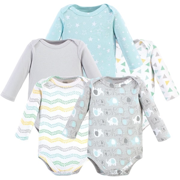 slide 1 of 1, Luvable Friends Cotton Long-Sleeve Bodysuits 5pk, Basic Elephant 0-3 Months - Unisex Basic Elephant